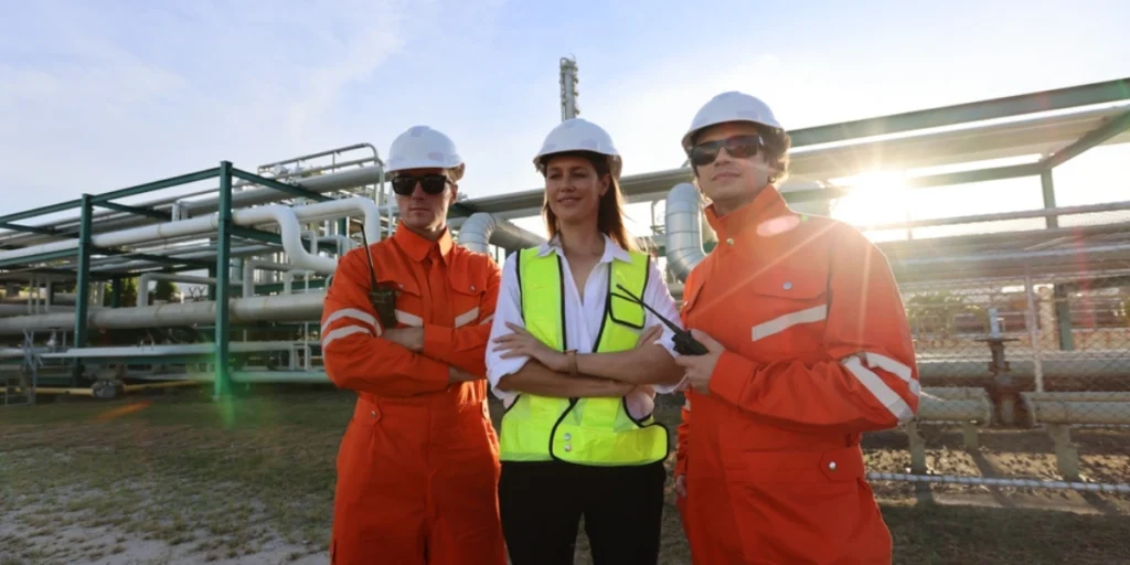 Industrial team at energy facility dressed in high visibility coverall uniform UAE ensuring safety and compliance on site