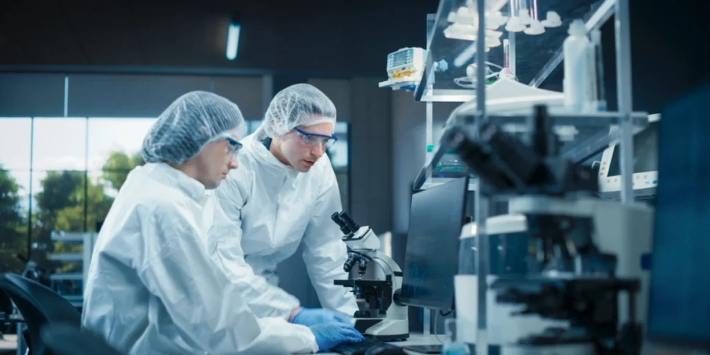 Laboratory professionals wearing protective coverall uniform UAE while conducting research in a clean and controlled lab environment
