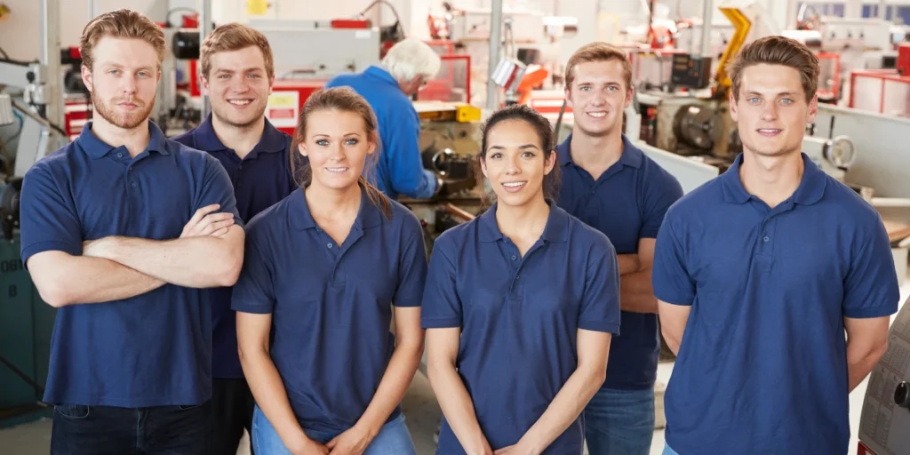 Factory staff in matching blue workwear posing together on the production floor by a professional uniform supplier in UAE