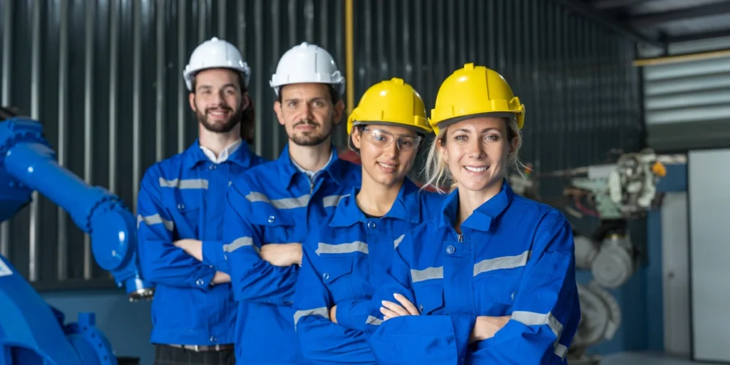 Industrial workers wearing safety uniforms and helmets in a factory, showcasing a reliable uniform supplier in UAE