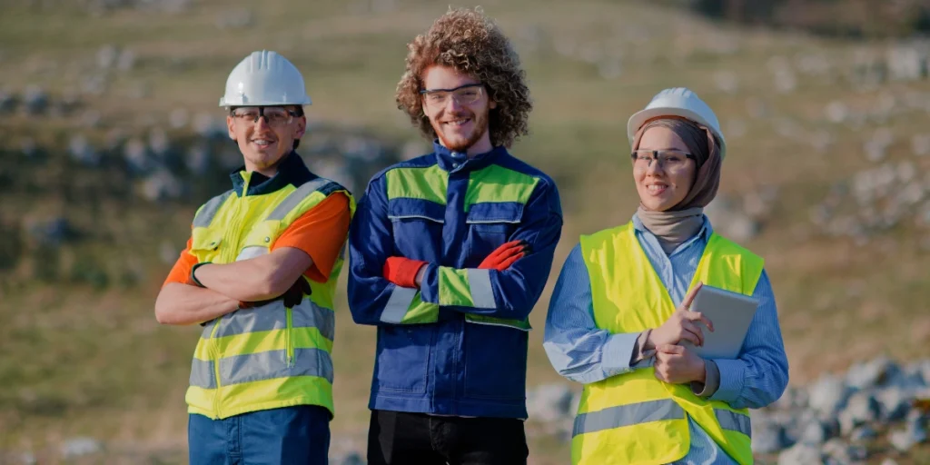 Team wearing Climate-Adaptive Uniforms UAE with high-visibility vests and protective gear at an outdoor worksite.