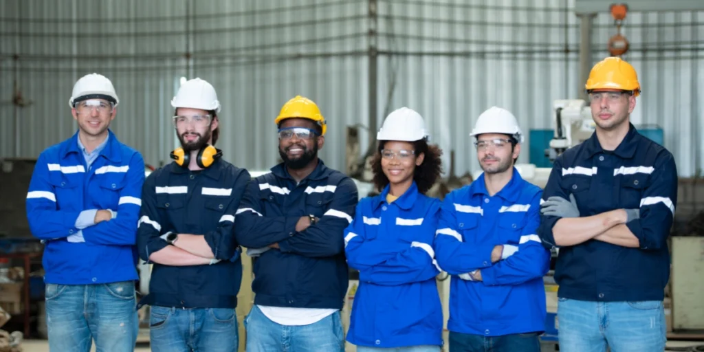 Factory team in protective uniforms and helmets showcasing Safety Equipment UAE standards