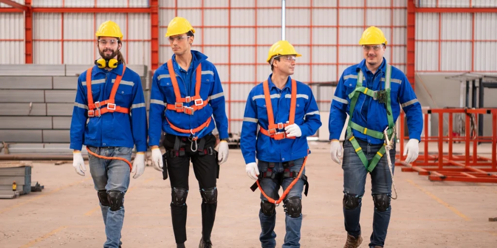 Construction crew with harnesses and helmets demonstrating Safety Equipment UAE compliance