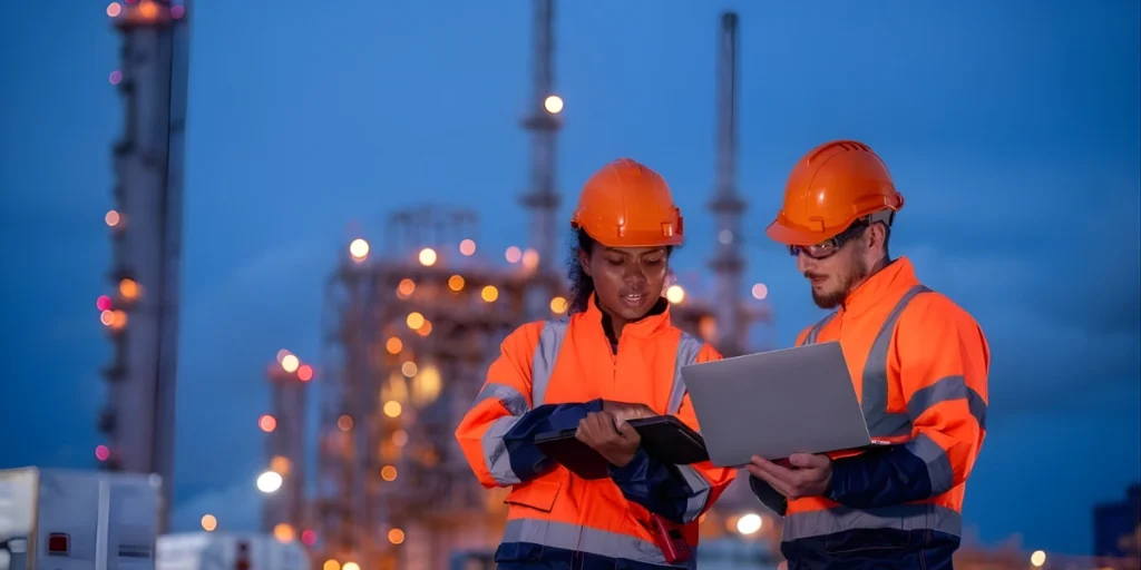 Industrial engineers in safety gear wearing customized uniforms UAE at an oil and gas site
